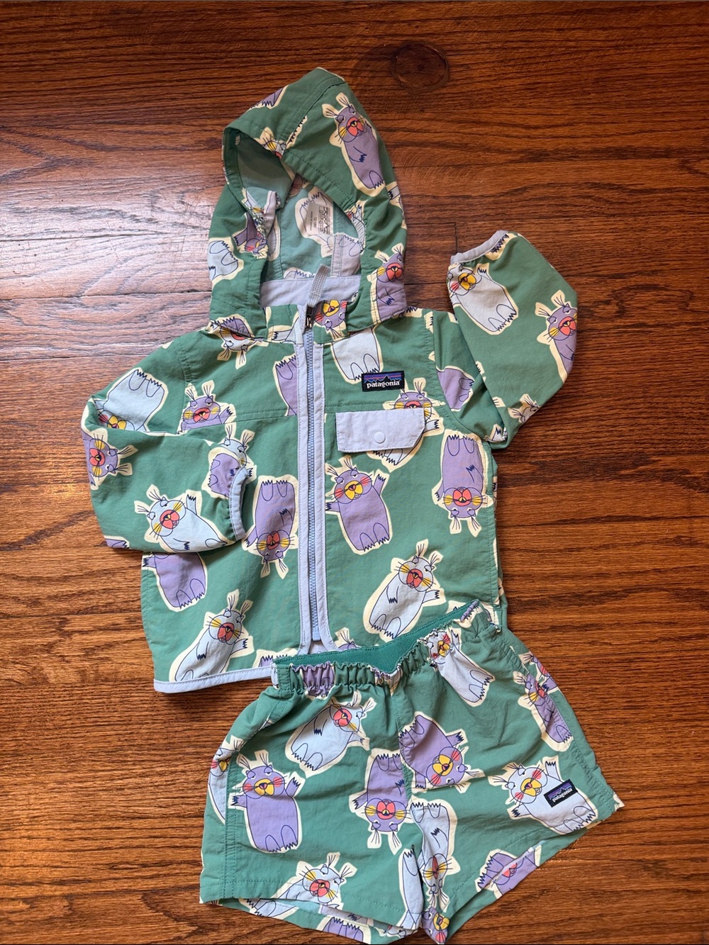 Patagonia Green Funky Animal Hooded Windbreaker Jacket & Shorts Set 12-18M